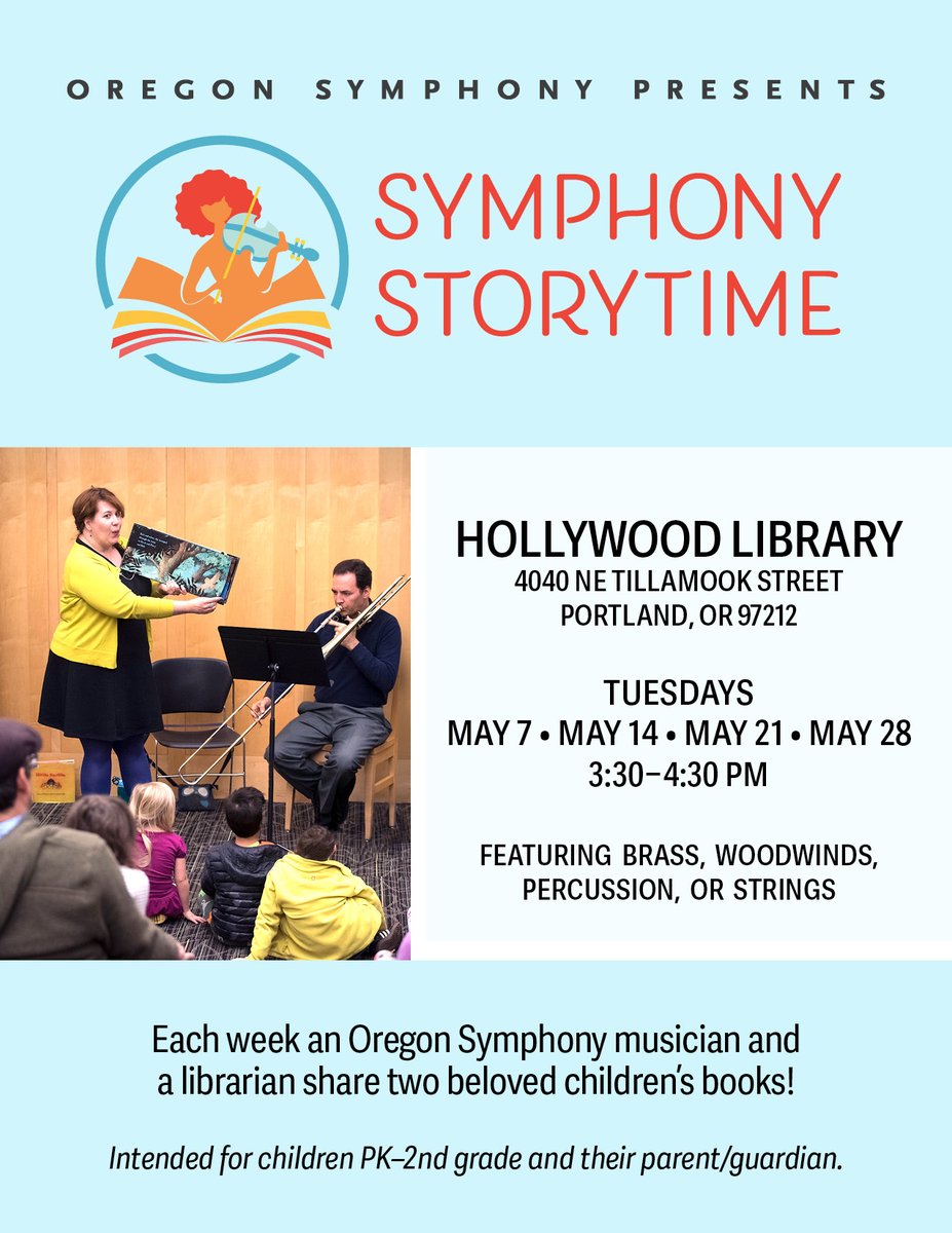 We’re in for a delightful treat at Symphony Storytime as Oregon Symphony flutist Alicia DiDonato Paulsen introduces us to her instrument. Join us at the Hollywood Library on May 14 at 3:30pm. Attendance is limited & free tickets are available 15 minutes before storytime.