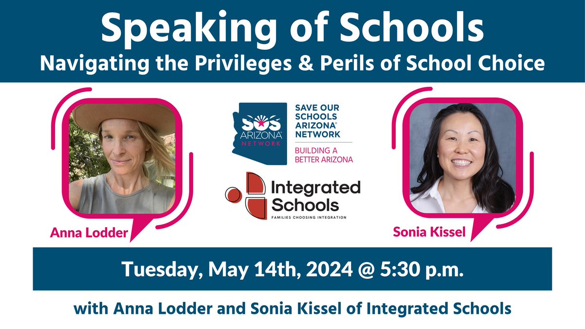 💥 TOMORROW: SOSAZ Network welcomes Integrated Schools Phoenix for an important conversation on “Navigating the Privileges & Perils of School Choice.” ✍️ Join us at 5:30pm Tuesday, May 14th via Zoom — Register here: bit.ly/SCPeril