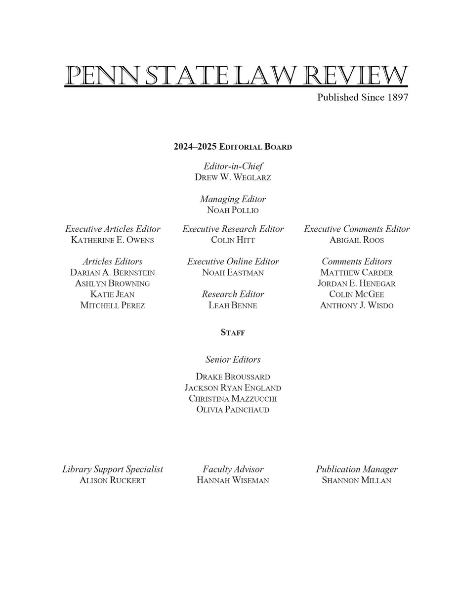 PennStLRev's tweet photo. Penn State Law Review is thrilled to announce our incoming Editorial Board. We are excited to see where the new Board takes us, and we cannot wait to see the articles published in Volume 129. Congratulations to all! https://t.co/KqmKouKX6F