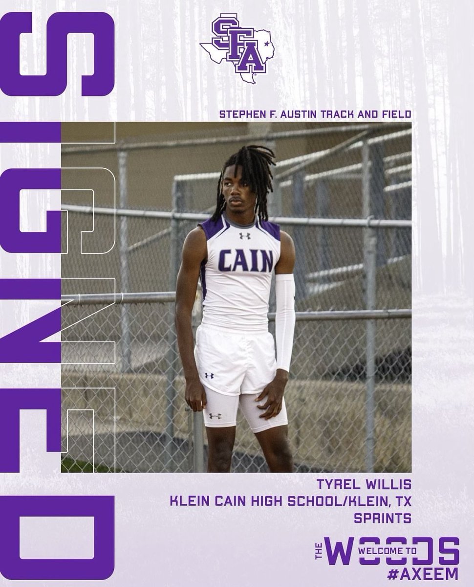 WillisTyrel's tweet photo. Happy to announce my commitment to SFA @SFA_TFXC 🪓. I’d like to thank my parents and god for helping me to get in the position i am and believing in my ability. I’d like to also thank the coaches and teammates that have supported me through the process. Thank you @CainXC_BoysTF https://t.co/L599FrvGYU