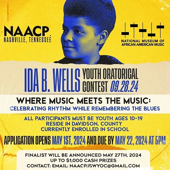TheBeechFirm's tweet photo. ****APPLY TODAY***DEADLINE MAY 22ND****Ida B. Wells Youth Oratorical Contest
Presented by the NAACP Nashville Branch and the National Museum of African American Music, September 28. 
Learn more and apply today at https://t.co/OxVHKlUtZj https://t.co/qWyppmzHMF