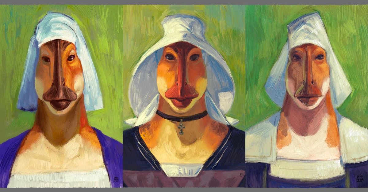 two years ago I painted this trio of paintings of hadrosaurian women in bonnets