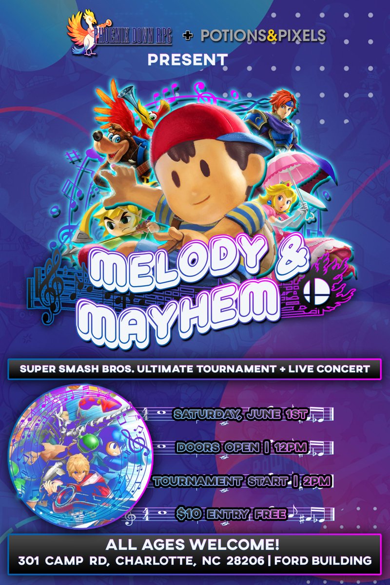 Join us for Melody & Mayhem, a special Super Smash Bros. Ultimate Tournament & Live Concert at @campnorthend, where the amazing musicians at @PhoenixDownRPG will perform live to accompany the action on the screen! REGISTER: start.gg/tournament/mel… #SuperSmashBros #Tournament