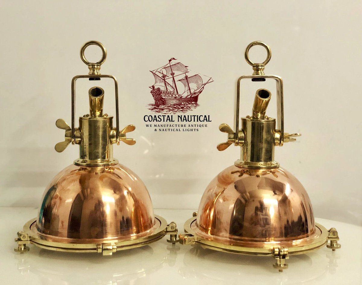 Excited to share the latest addition to my #etsy shop: Nautical Marine New Brass and Copper Hanging Cargo Small Pendant Light with Hook Lot Of 2 etsy.me/3JZ5zen #gold #copper #bedroom #midcentury #glass #yes #clear #downrod #nauticalshiplight