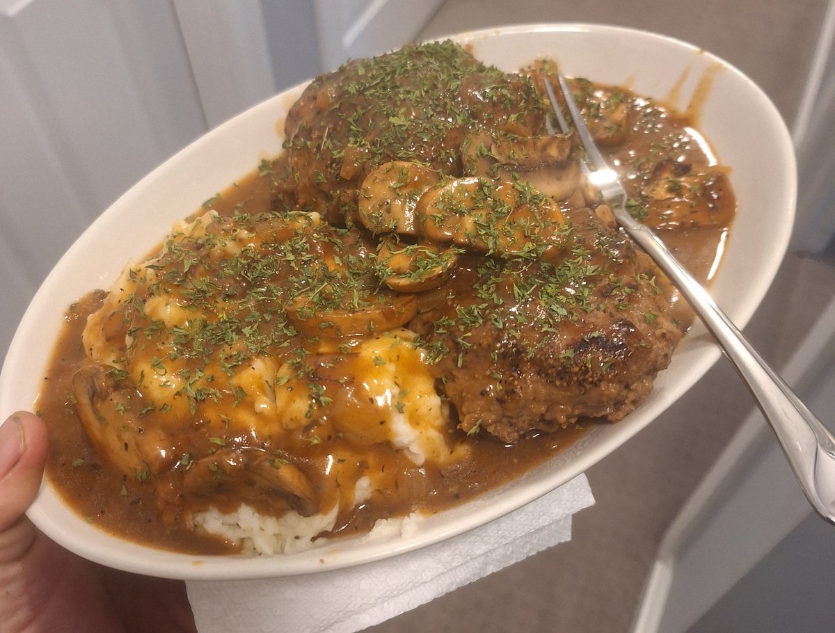 Ground beef: it's always hamburgers tacos or sloppy joes... So tonight I decided I wanted to do something different, made homemade Salisbury Steak for me and the boys. Came out really tasty. Easy enough to make too.