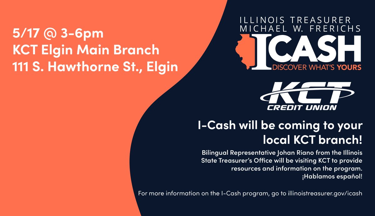 Do you have unclaimed property with the #StateofIllinois? Join KCT and the @ILTreasurer's office on Friday, 5/17 from 3-6pm to learn about I-Cash! The program helps reunite Illinoisians with forgotten bank accounts, uncashed checks, stocks, dividends & more!