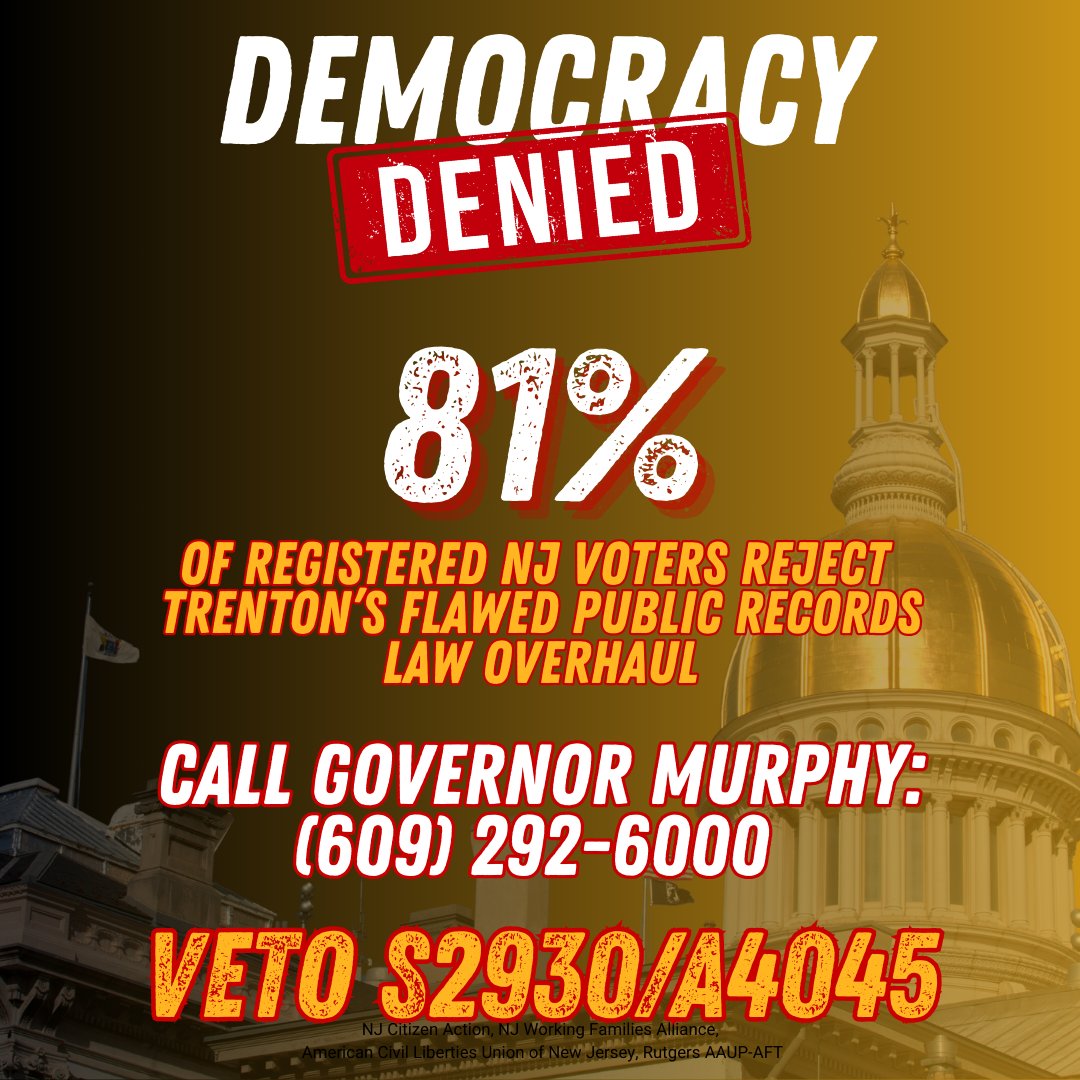 🚨 Today, the Legislature passed bills that rollback the public access to public records. ☎️Now the bill heads to @GovMurphy's desk. Call Gov. Murphy and tell him to veto the bill. #ProtectOPRA