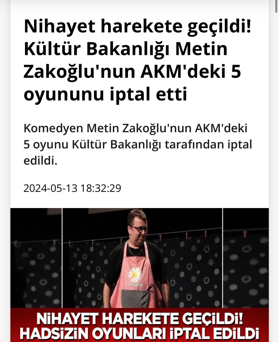 Devletin imkanlarıyla sahne alıp, devletin yöneticilerine hakaret etmeyi 'mizah' sananlar için nihayet somut bir adım atıldı ve komedyen Metin Zakoğlu'nun AKM'deki 5 oyunu Kültür Bakanlığı tarafından iptal edildi.👏 #cünzey Çağlayan Adliyesi Sadi Hüdayi #MertYazıcıoğlu