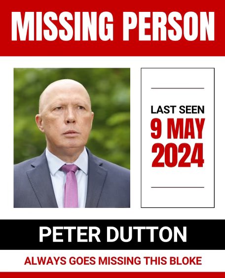 Today is budget day, and over the last few days Peter Dutton is nowhere to be seen, again.

An opposition leader, absent from a national discussion on the budget, all to avoid responsibility for the detainee he let out, I assume.

Not a leader. 👇🏼