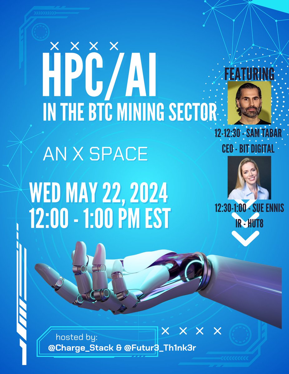 Going to be co-hosting a space or two with @Futur3_Th1nk3r on the HPC/AI vertical in the #btc mining space. Episode 1 will be Wed 5/22, 1200 EST with @SamirTabar and @bigsuey as our first guests. We decided to make this a more 'intimate' forum and book 30 min blocks with