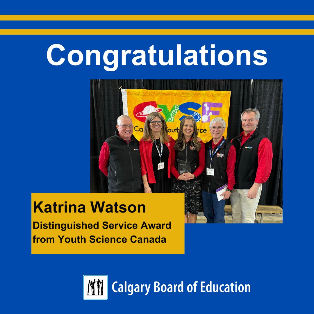 Congratulations to Katrina Watson, Learning Leader at Rideau Park School. She was honoured with a Distinguished Service Award from @ScienceFairCYSF. The award celebrates innovation, leadership & service to promoting science learning and science fair participation. #WeAreCBE