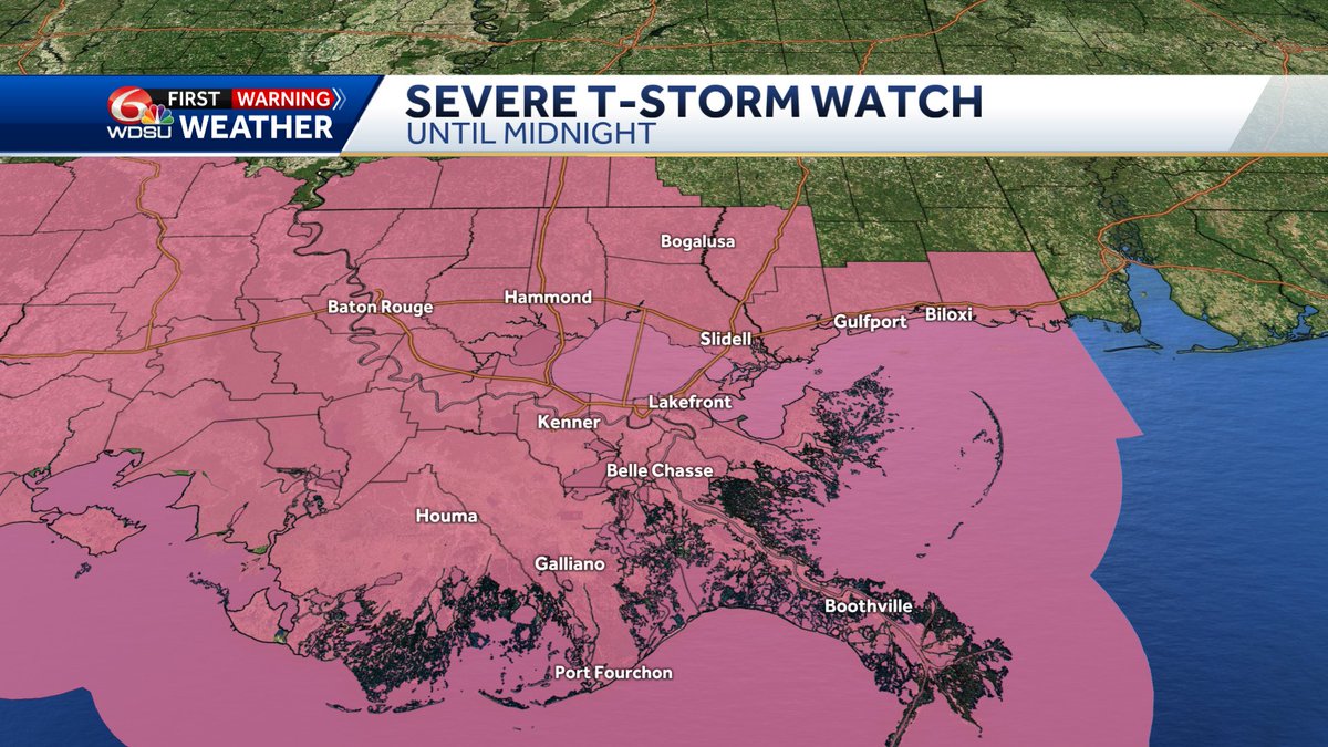 A Severe Thunderstorm Watch has been issued until midnight tonight for possible winds to 75 mph, hail up to 2' in size, and an isolated tornado or two. @wdsu