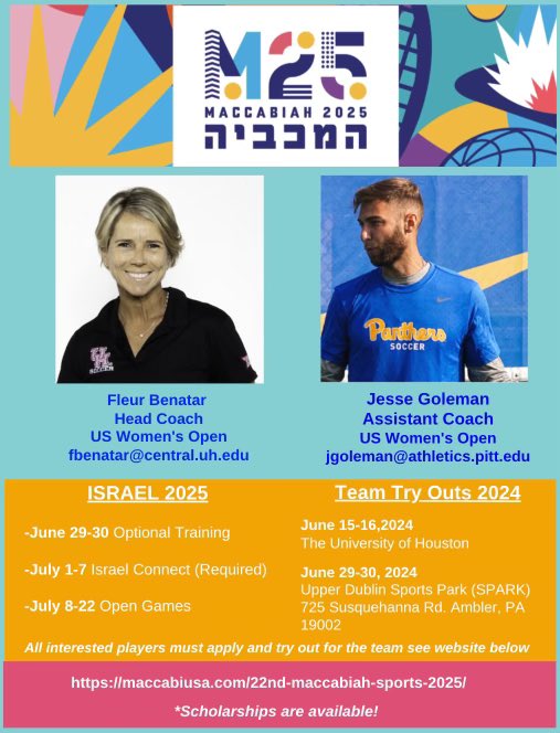 Honored to be named as the assistant coach for @MaccabiUSA Open (18-35)Women’s Team for next summer’s @maccabiah ‼️

If you know anyone who may be interested please don’t hesitate to reach out!