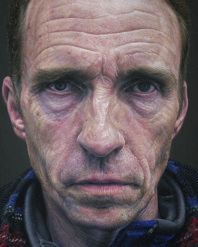 Close up of “Carl,”(acrylic on wood,30x21cm. Exhibited at The Royal Society of Portrait Painters annual exhibition 2022 #portraits