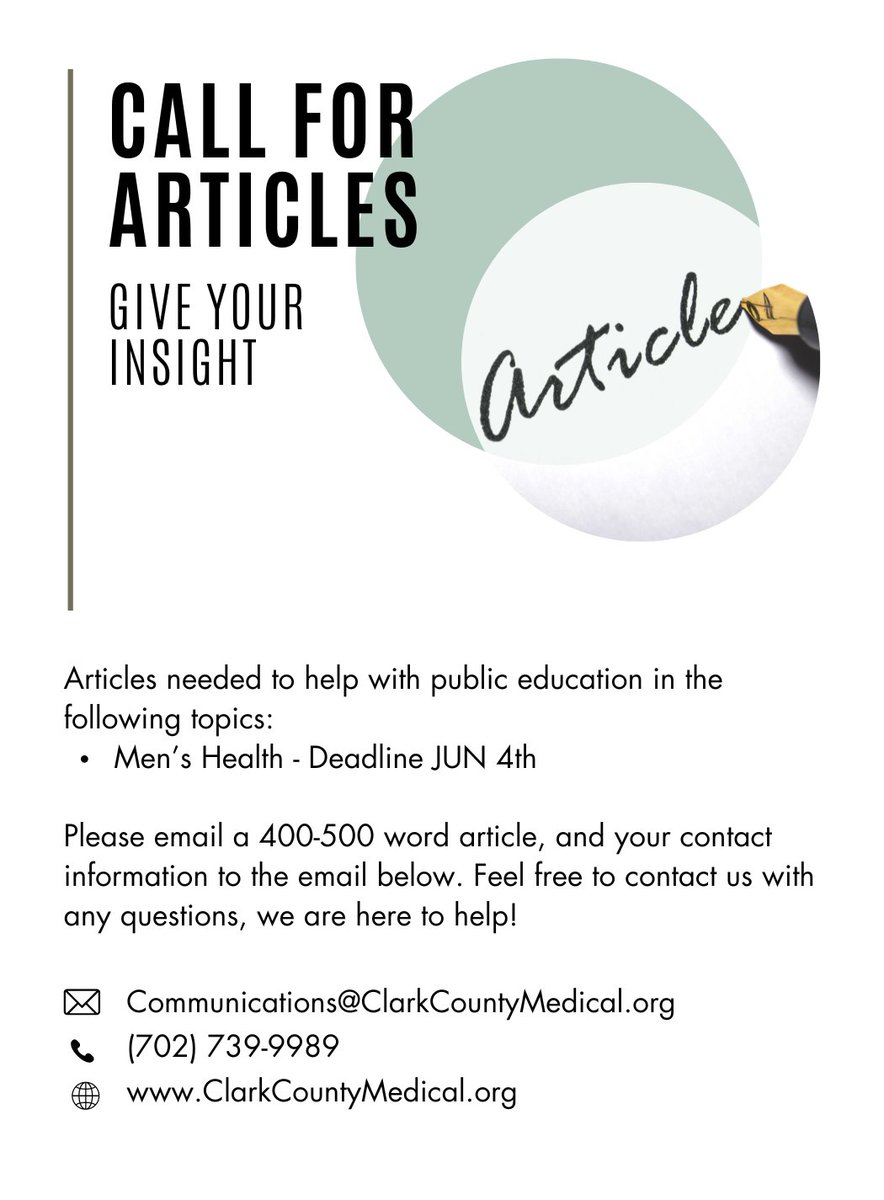 Respectfully requesting a 400-500 word article from our CCMS Members regarding 'Men's Health Issues' be submitted by June 4, 2024. If you have any questions, please feel free to call us at (702) 739-9989 ext. 101 or email us at: Communications@ClarkCountyMedical.org