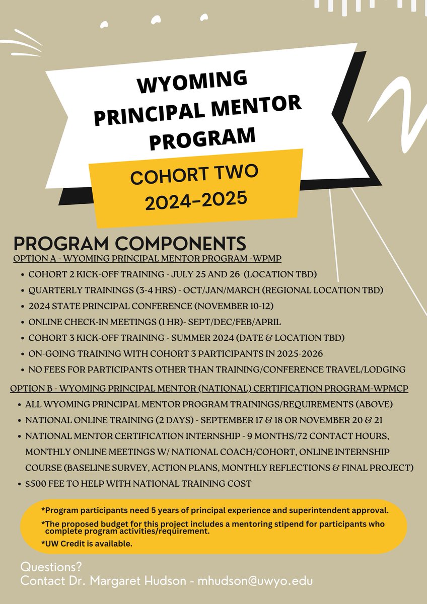 🌟 Calling all #Wyoming educational leaders! Nominations for cohort two of the #WyomingPrincipalMentorProgram are extended through May 24. Submit a nomination today: bit.ly/3xVhDKZ 
 #WyoEdChat #WyomingEducation #PrincipalMentorship #ProfessionalDevelopment