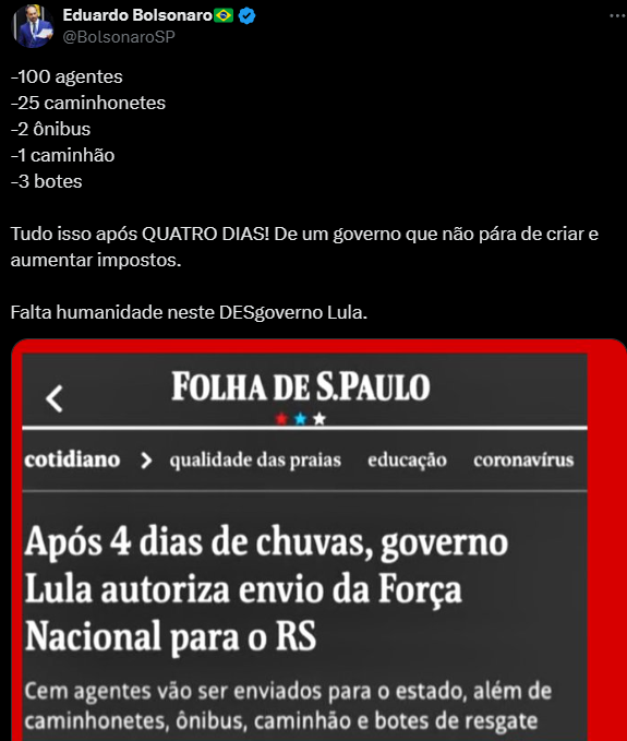 Segundo o comissário Pimenta, ministro de Propaganda de Lula, Eduardo Bolsonaro deveria ser preso pelo post, que representaria uma 'fake news' contra o regime.

Há uma investigação na PF aberta, por conta disso.

Quem deveria ser investigado é Pimenta por ABUSO DE AUTORIDADE!