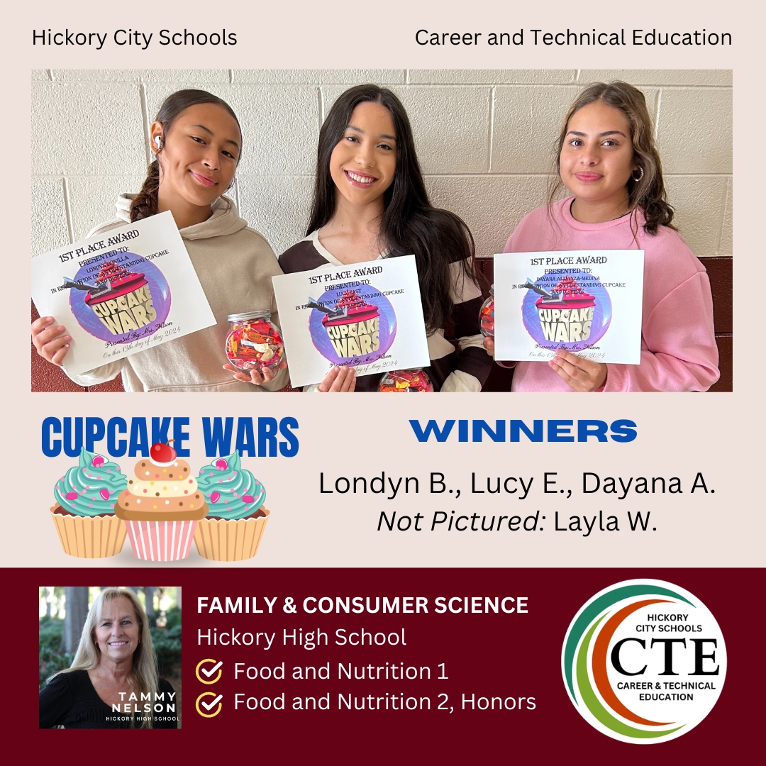 Congratulations to the winners of the Food and Nutrition class Cupcake Wars.  Students showcased their culinary talents in this fun cupcake vs. cupcake competition.
#ctefornc #hickoryschools #HickoryCitySchools #CupcakeWars