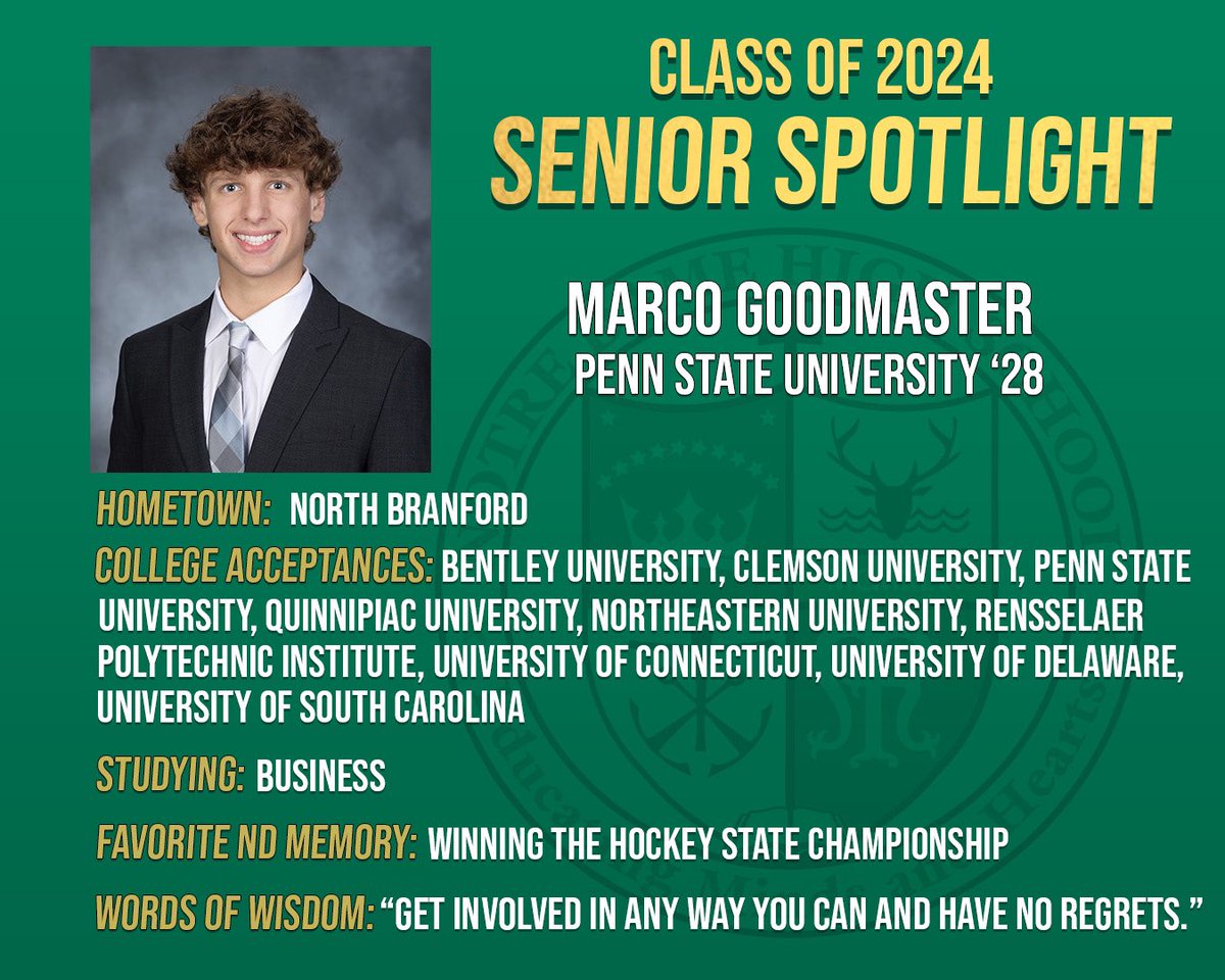 Today’s Class of 2024 Senior Spotlights are Brandon Collins, Nicolas Bauer, William Swanson, and Marco Goodmaster. Congratulations on your acceptances and we wish you the best of luck in the future!