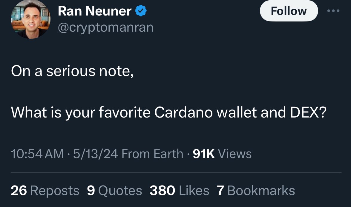 Watching projects and people shill on this tweet is unbelievable! Ran has attacked Cardano many many times, has not changed it's part of his GAME. Massive NO from me.