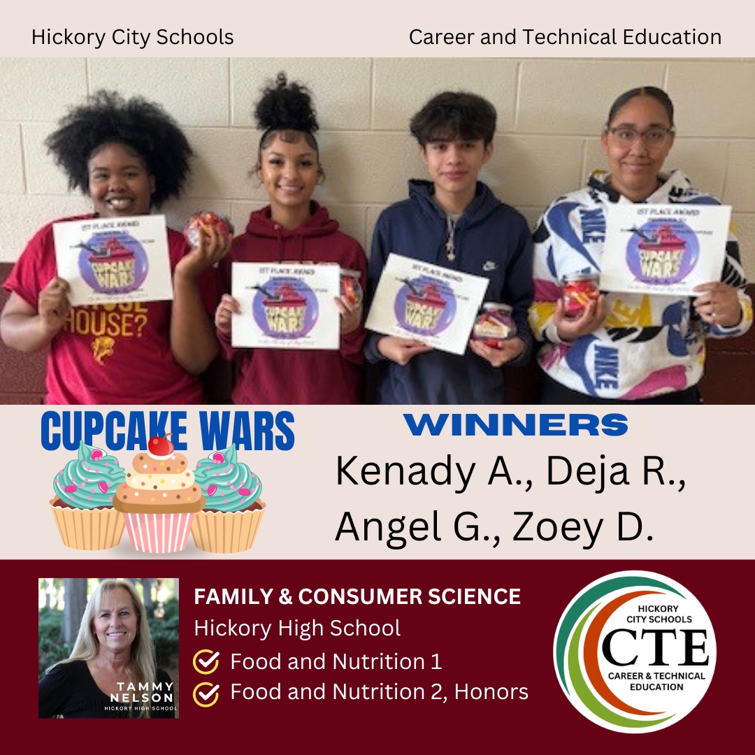 Congratulations to the winners of the Food and Nutrition class Cupcake Wars.  Students showcased their culinary talents in this fun cupcake vs. cupcake competition.
#ctefornc #hickoryschools #HickoryCitySchools #CupcakeWars