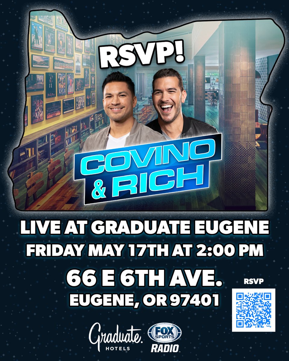 THIS FRIDAY, come out and see @stevecovino & @richdavis LIVE at @GraduateHotels in Eugene! Let's kick off the Oregon vs. Washington State tripleheader weekend! The event is FREE, just RSVP! Details HERE: bit.ly/CNREugene