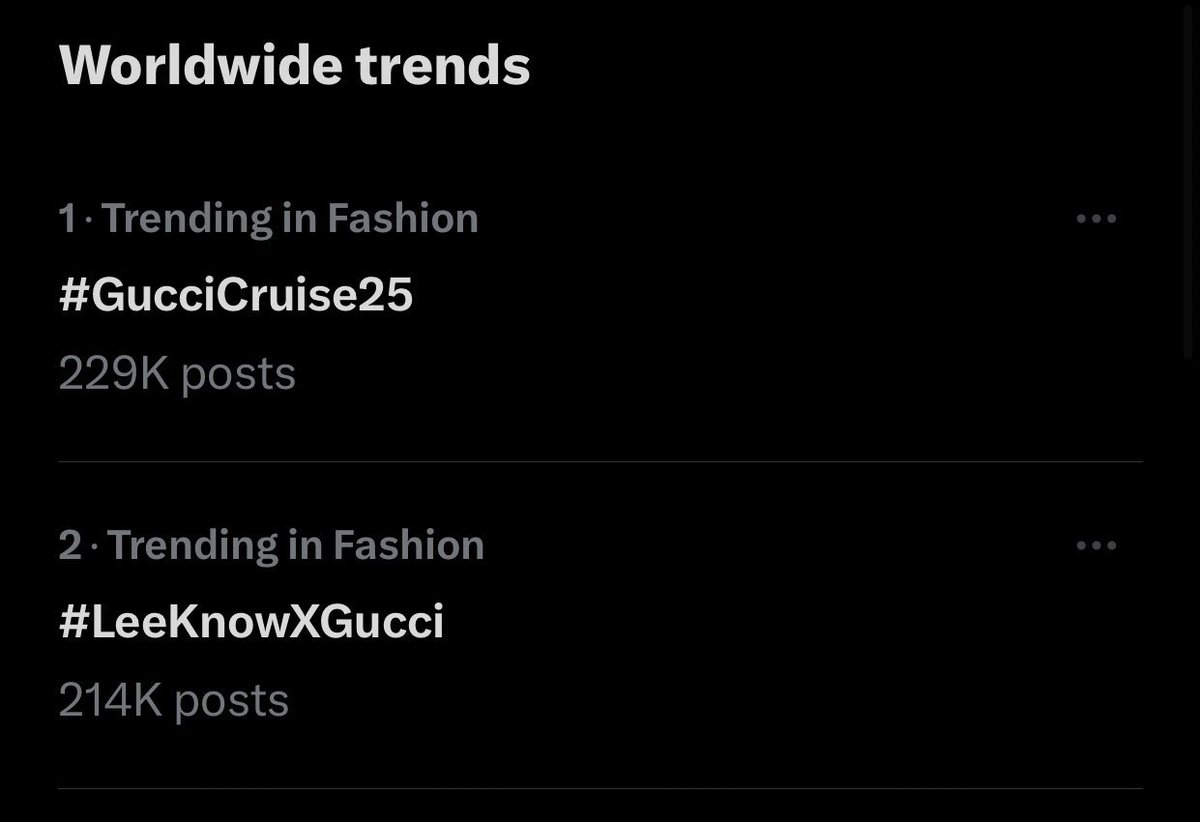 🌐Worldwide trending 

#2 LeeKnowXGucci trending over 214K  tweets [+1] 

LEE KNOW AT GUCCI LONDRA  
#LeeKnowXGucci #GucciCruise25 #GucciLondra #LeeKnow 
@Gucci @Stray_Kids