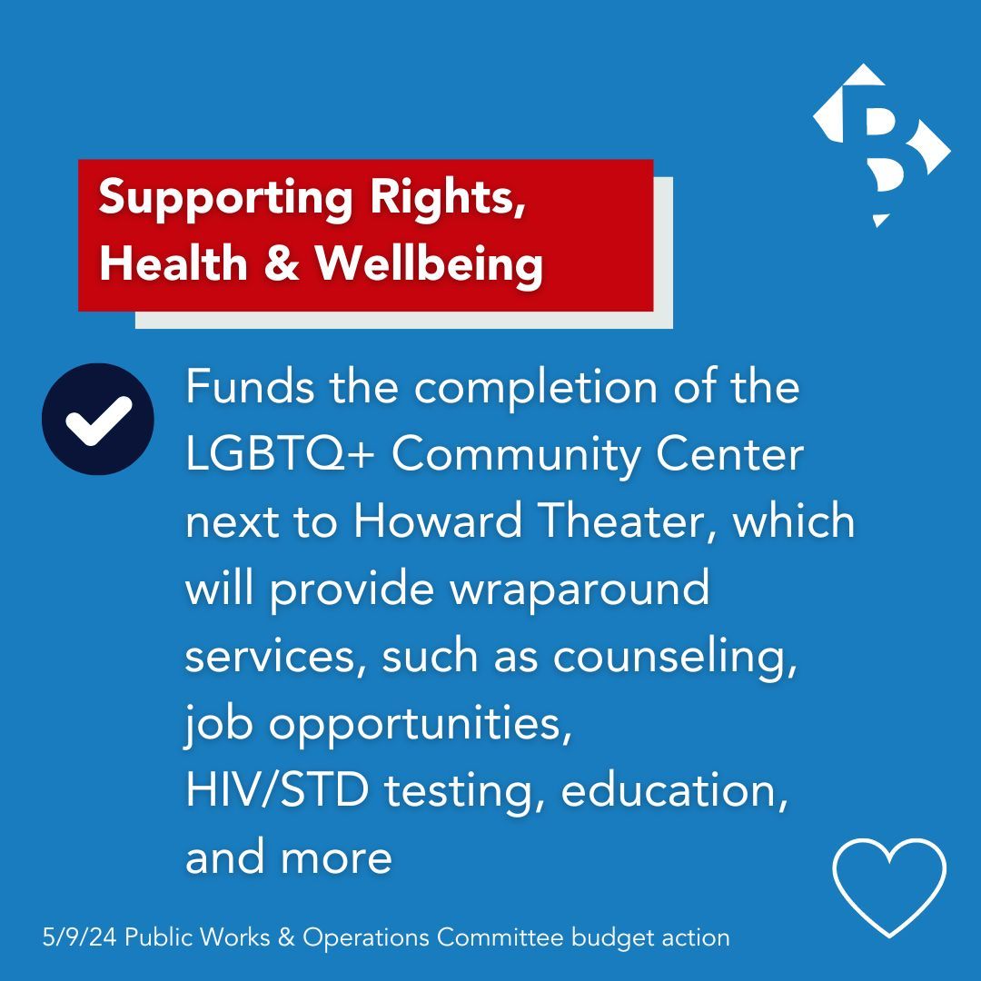 BUDGET UPDATE: Our budget funds the completion of the LGBTQ+ Community Center next to Howard Theater, which will provide wraparound services, such as counseling, job opportunities, HIV/STD testing, education and more. More on our budget vote: brianneknadeau.com/updates/update…