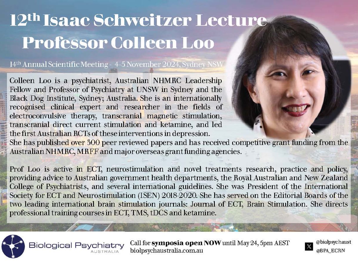 ISAAC SCHWEITZER LECTURE | BPA 2024

BPA has the great pleasure to announce that Professor Colleen Loo will present the 2024 Isaac Schweitzer Lecture at #BPA2024   

Don't forget: symposia submission deadline is May 24, 5pm AEST!

BPA 2024 | 4-5 November 2024 | Sydney, NSW