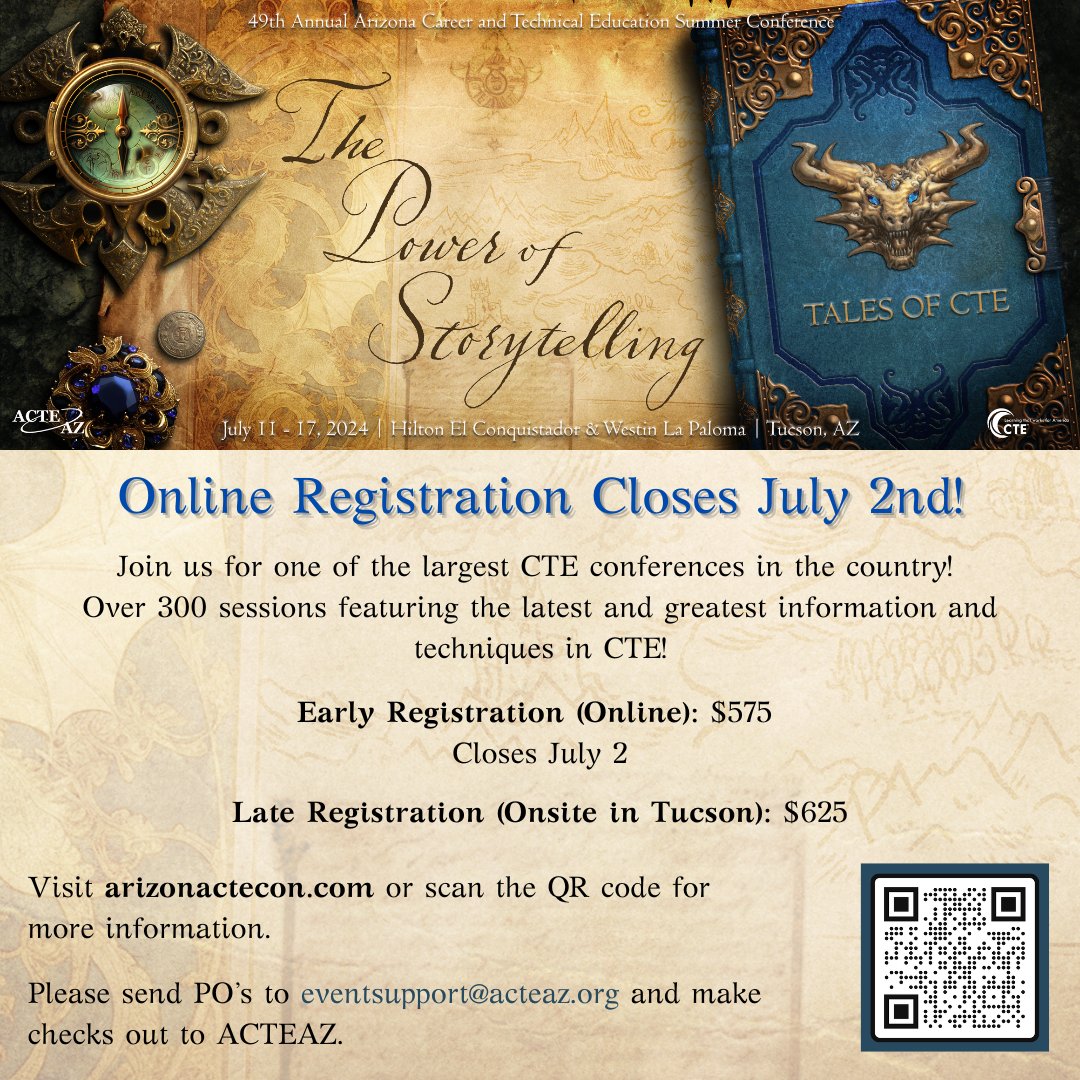 Ready to embark on a CTE adventure? The 2024 AZ CTE Summer Conference "The Power of Storytelling" draws nearer! 📘✨

Online registration closes July 2nd, and sessions are filling up FAST!

Visit arizonactecon.com for more information and to register. #azctecon