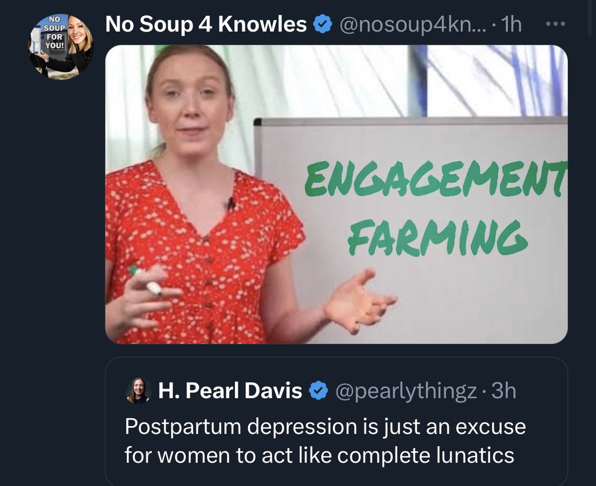 This was wrong of me. I shouldn't have accused Pearl of engagement bait without looking into it.

After checking context, I now realize that this tweet wasn't generic rage bait, but Pearl subtweeting @abbythelibb_ after Abby said she was recovering from postpartum.

My bad.