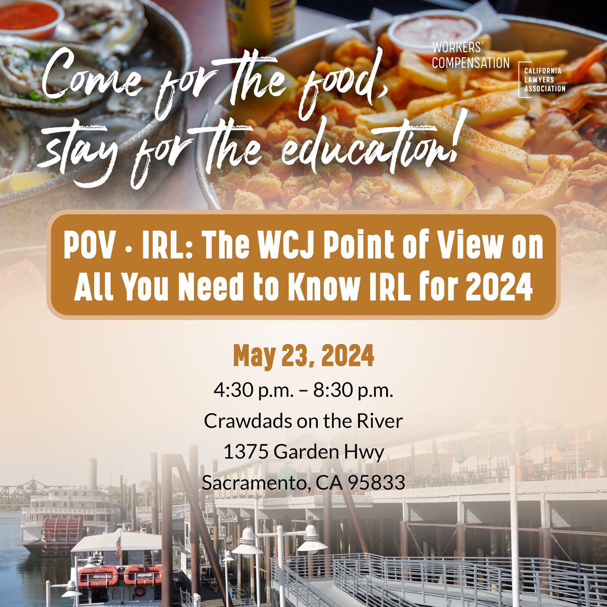 CLAWorkersComp's tweet image. Don&apos;t miss out on out on our special event on May 23 at Crawdads by the River in Sacramento, CA! Learn from judges, network with peers, and enhance your expertise in workers&apos; compensation. Register now! calawyers.org/event/the-wcj-…