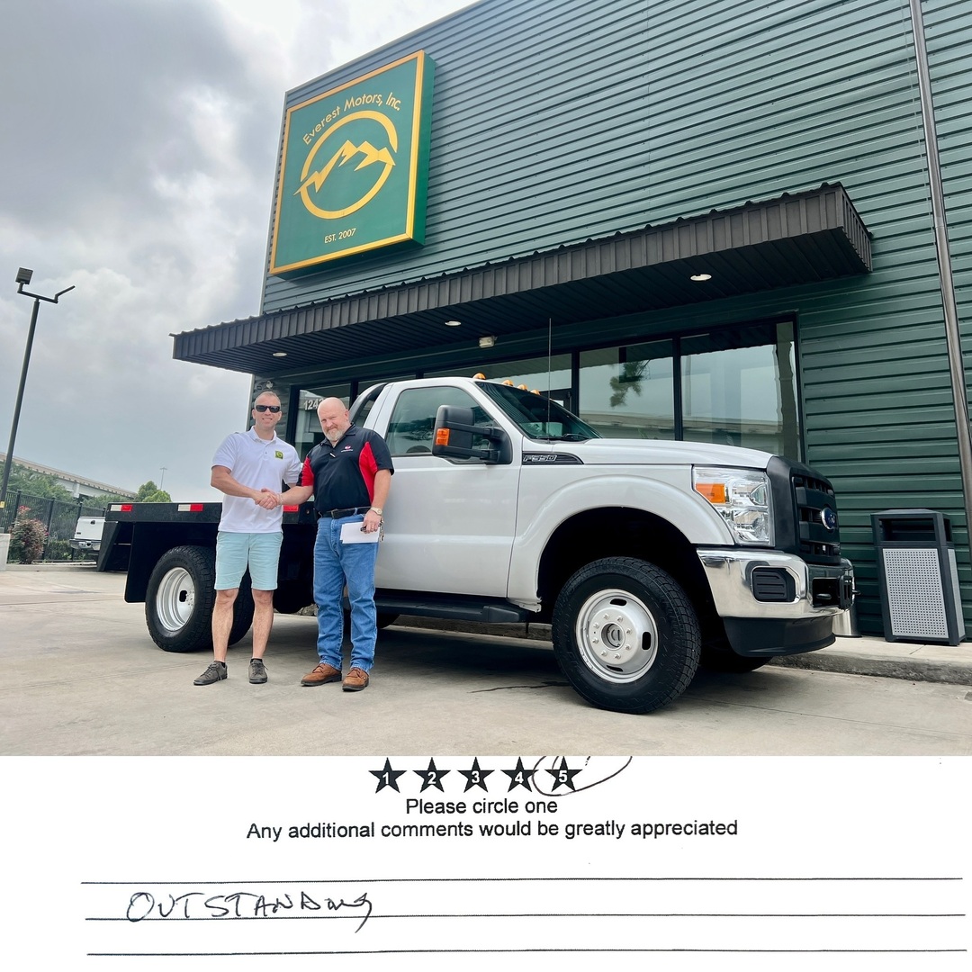 Cheers to Edwin from Weimar, Texas, on acquiring his ideal truck: a 2015 Ford F350XL 4x4 flatbed with a 6.2L gas engine! We’re thrilled to have served you at Everest Motors. 

To all the smart shoppers out there, come join the Everest Motors family and discover your perfect fit…