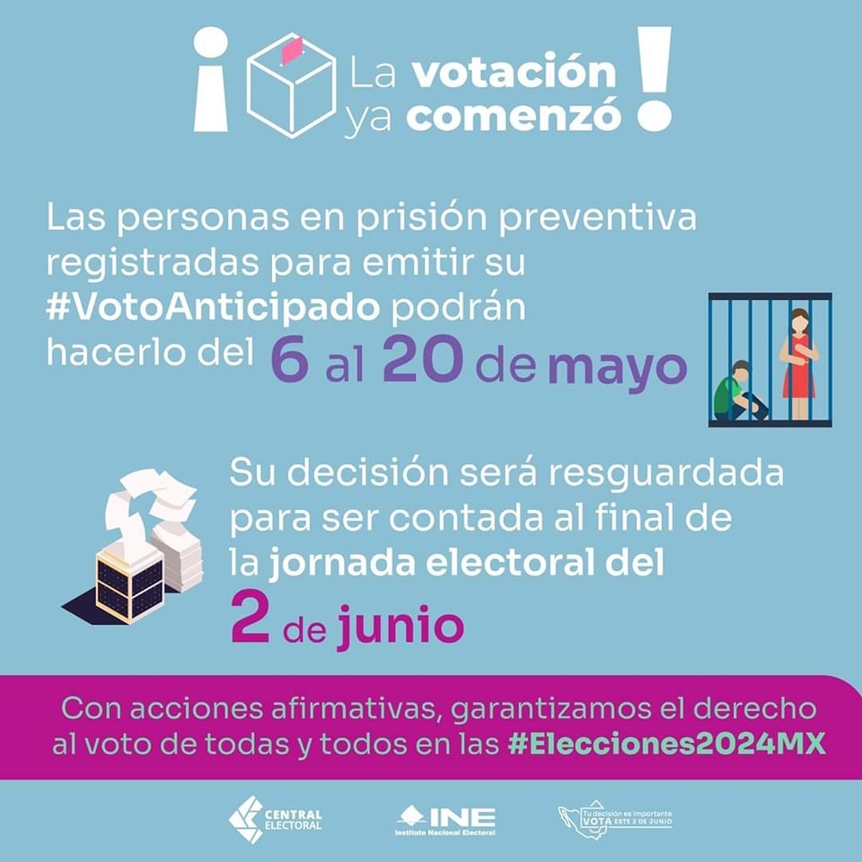 Para garantizar el derecho al voto de la ciudadanía, las personas que se encuentren en #PrisiónPreventiva, sin sentencia firme, podrán ejercer su #VotoAnticipado del 6 al 20 de mayo en las #Elecciones2024MX. ¡Tu voto será resguardado hasta la Jornada Electoral del #2DeJunio!