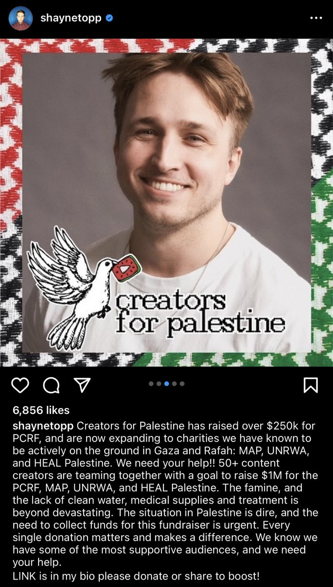 Im genuinely so happy to see shayne publicly post for palestine. it is genuinely better late than never. Im hoping this not only encourages other major influencers to support us but also raise a ton of money!
