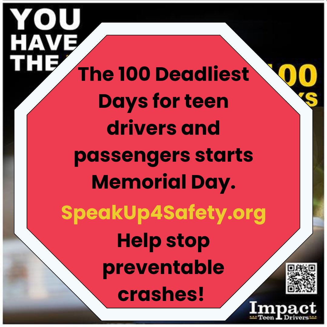 The 100 Deadliest Days for teen drivers and passengers starts Memorial Day! Visit speakup4safety.org/100deadliestda… and help stop preventable crashes this summer! #100DeadliestDays #YouHaveThePower #TeenDrivers #PassengerSafety