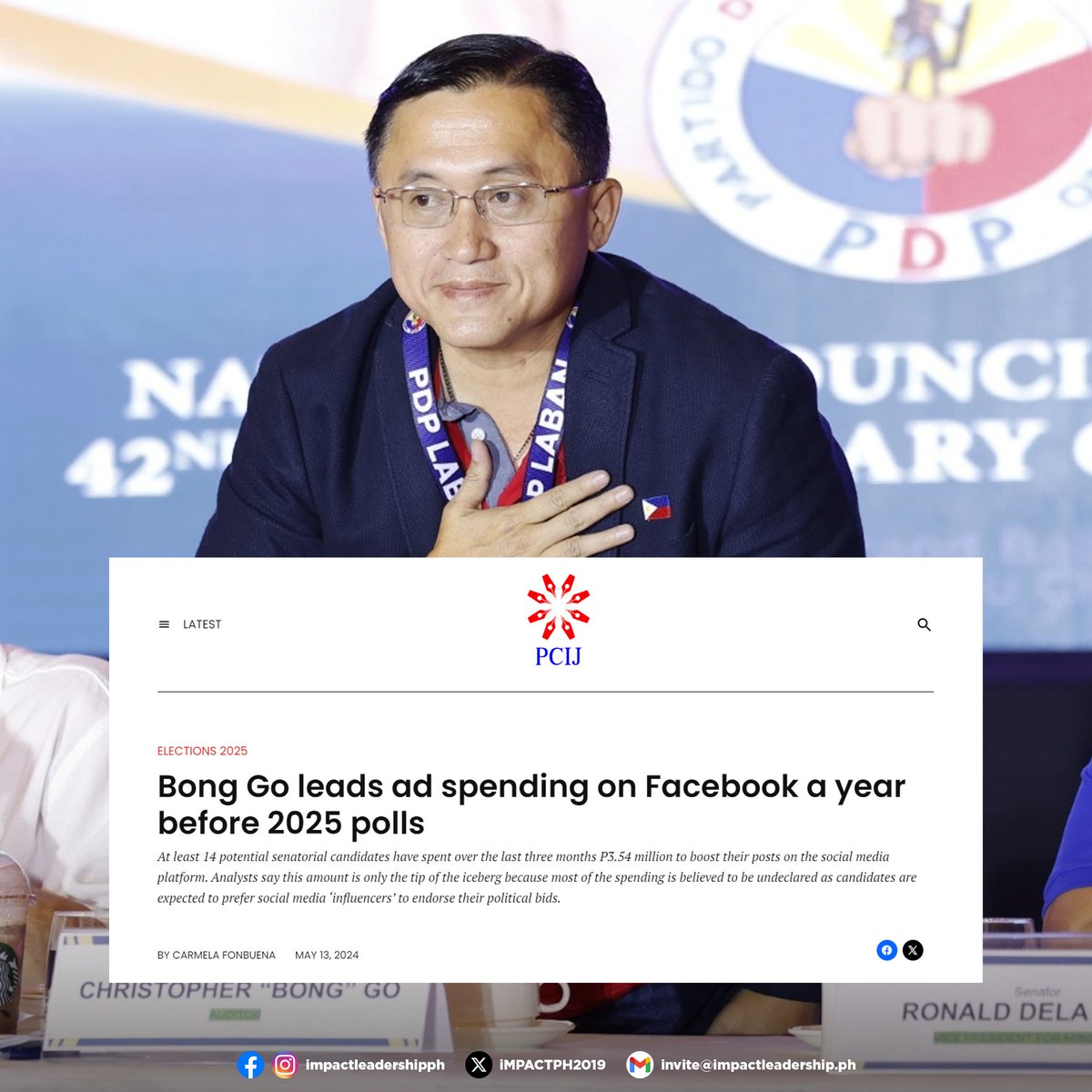 GO LEADS FACEBOOK SPENDING — PCIJ 'Re-electionist Sen. Christopher Lawrence 'Bong' Go spent almost P1 million to boost 266 posts, based on data from the Facebook Ad Library.' READ MORE: pcij.org/2024/05/13/bon…