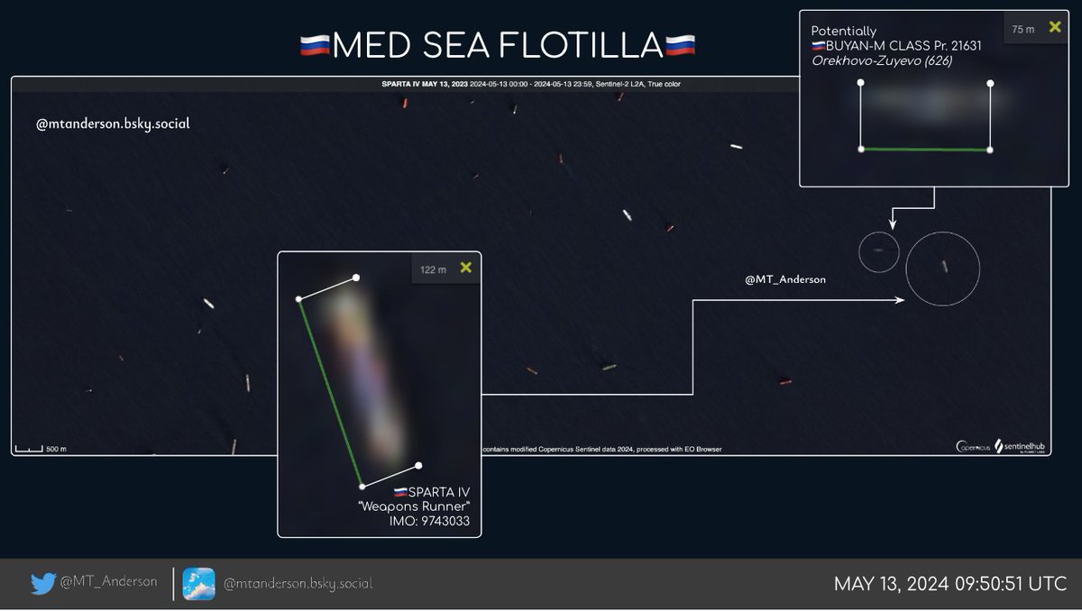 🇷🇺MED SEA FLOTILLA🇷🇺 Weapons Runner Sparta IV made a curious stop for about 48hrs just east of Malta. She arrived ~18:00UTC on 11 May & departed ~18:00UTC on 13 May. Sentinel 2 shows another vessel near her on 13 May (~10:00) that looks military. Length could indicate a Buyan-M