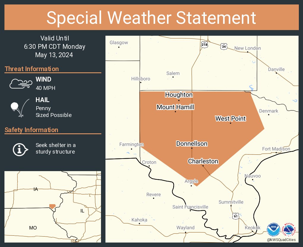 A special weather statement has been issued for West Point IA, Donnellson IA and Houghton IA until 6:30 PM CDT