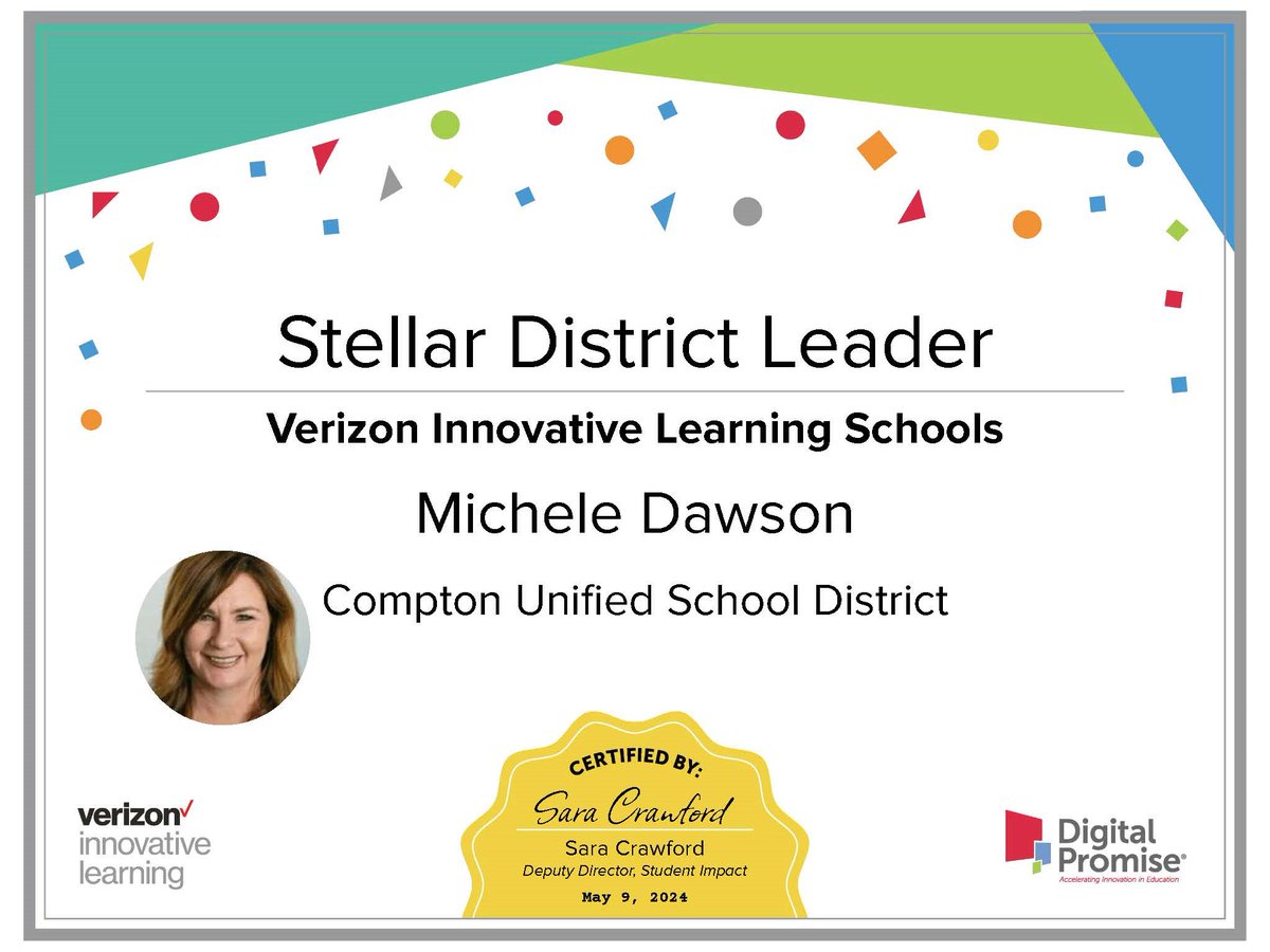 ComptonUnified's tweet photo. Congrats Michele Dawson, CUSD’s Senior Director, Instructional Tech and Innovation, for being recognized as a Stellar District Leader in the Verizon Innovative Learning Schools End of Year Awards.
Read: https://t.co/9LVykYrSOx
#VILS #DigitalPromise #ComptonUnified #Elevate https://t.co/WIkWo5V3x9