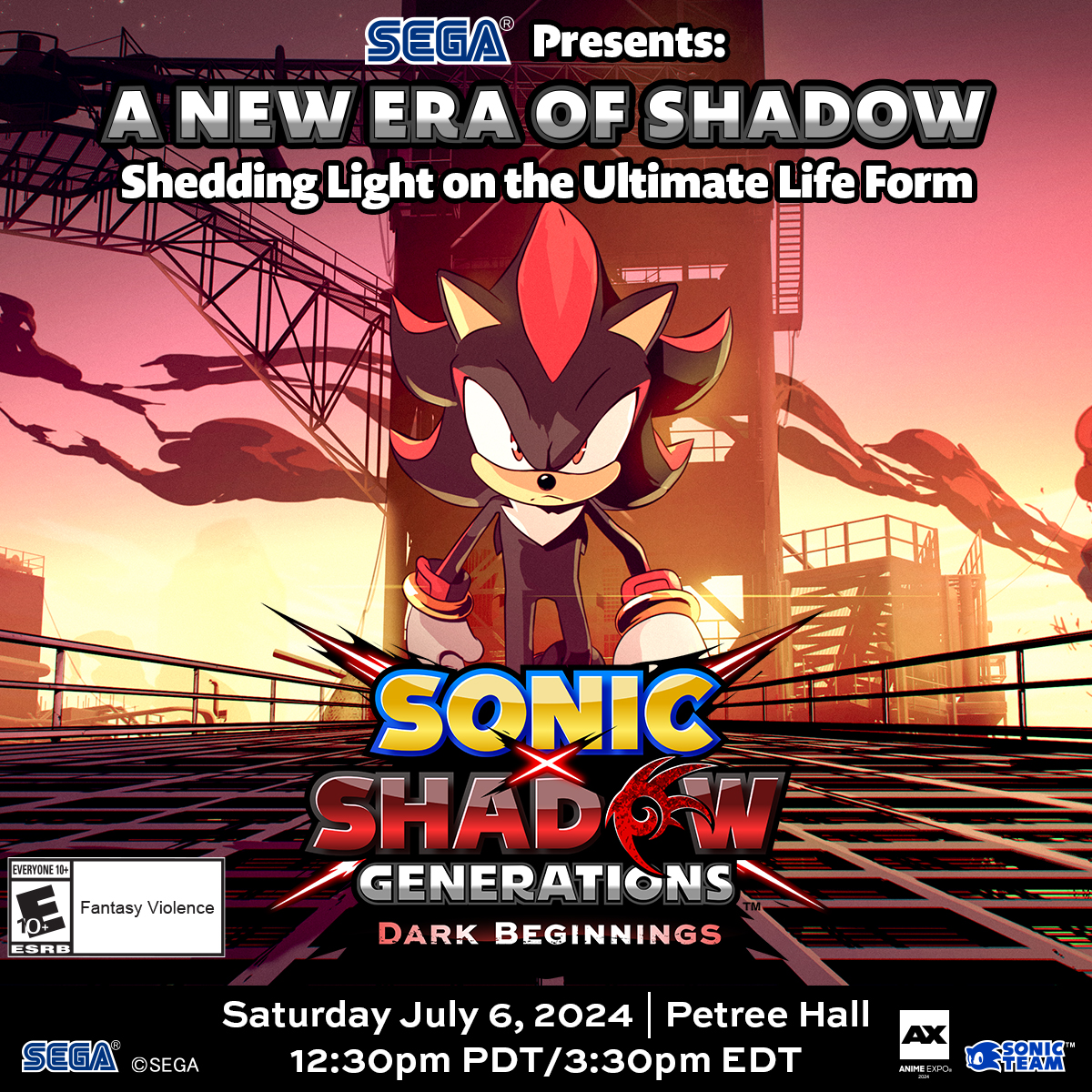   SEGA presenta: Una nuova era di Shadow: fare luce sulla forma di vita finale. Un panel su Shadow e sulla prossima animazione di SEGA Sonic x Shadow Generations: Dark Beginnings. Sabato 6 luglio 2024 al Los Angeles Convention Center nella Petree Hall. 12:30 PDT/3:30 EDT.