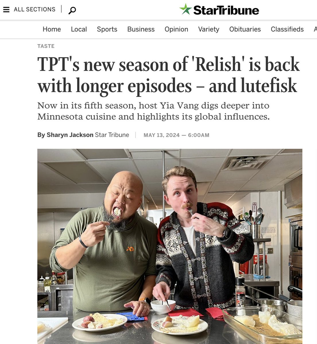 We're excited to have our new 'Relish' series with host @chefyiavang featured in today's @StarTribune Variety section! Embark on a culinary journey alongside local chefs and food makers by streaming 'Relish' for free on the PBS App or on tpt.org/relish.