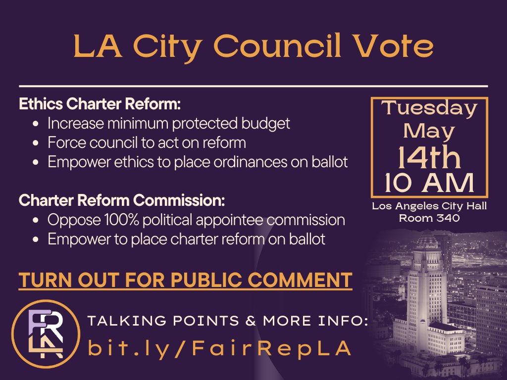 FairRepLA's tweet image. This Tuesday's City Council vote needs your input to ensure proposed reforms serve the public interest as meaningfully as possible.
For more info on what's at stake and how to participate, check out: bit.ly/FairRepLA