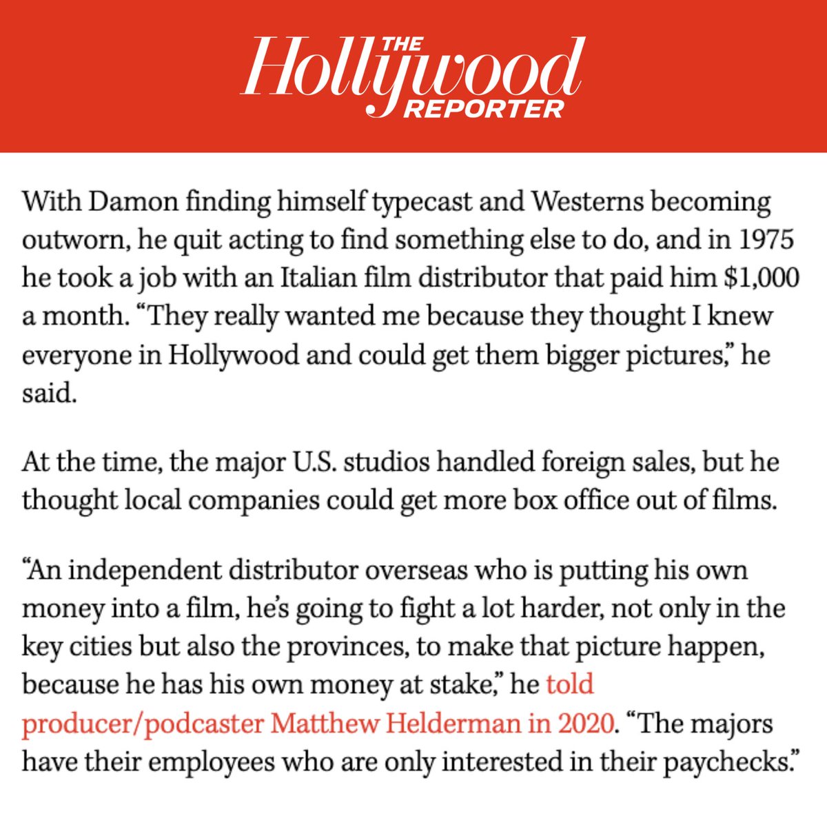 “Mark Damon, who starred in the Vincent Price horror classic 'House of Usher' and spaghetti Westerns before revolutionizing the foreign sales and distribution film business and producing features including '9 1/2 Weeks,' 'Monster' and 'Lone Survivor,' has died.” — THR 📰