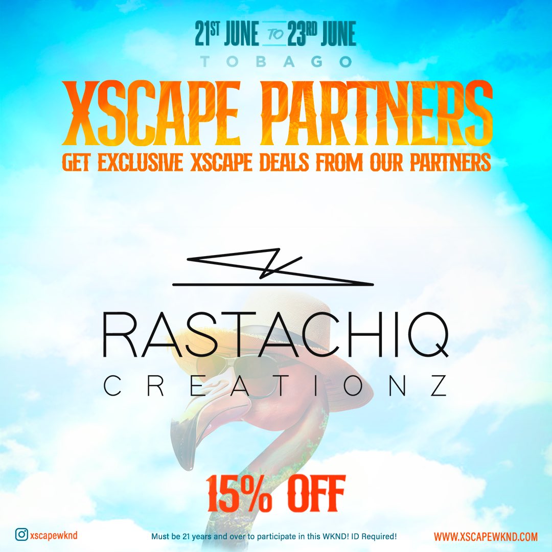 XscapeWknd (@xscapewknd) on Twitter photo Xscape Wknd has partnered up with <a href="/RastachiqC/">Rastachiq Creationz</a> to bring you this sweet deal!
15% OFF at <a href="/RastachiqC/">Rastachiq Creationz</a> for Xscape Wknd ticket holders
•1 WKND 4 sensational events 💧🏝️ 🏜️
📍Tobago
• The Tropical Paradise Awaits! 🏝️🦩
Tickets available at xscapewknd.com Xscape Wknd has partnered up with <a href="/RastachiqC/">Rastachiq Creationz</a> to bring you this sweet deal!
15% OFF at <a href="/RastachiqC/">Rastachiq Creationz</a> for Xscape Wknd ticket holders
•1 WKND 4 sensational events 💧🏝️ 🏜️
📍Tobago
• The Tropical Paradise Awaits! 🏝️🦩
Tickets available at xscapewknd.com