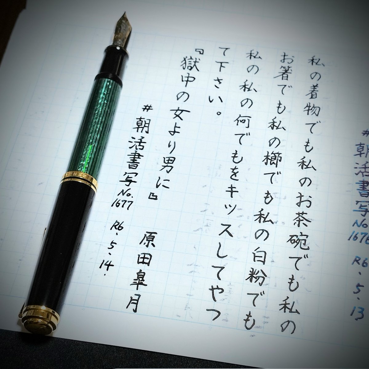 『獄中の女より男に』原田皐月 #朝活書写 No.1677 #朝活書写_1677 2024.05.14 ペン: ペリカン スーベレーン M1000 Fニブ インク: セーラー万年筆 四季織  海松藍