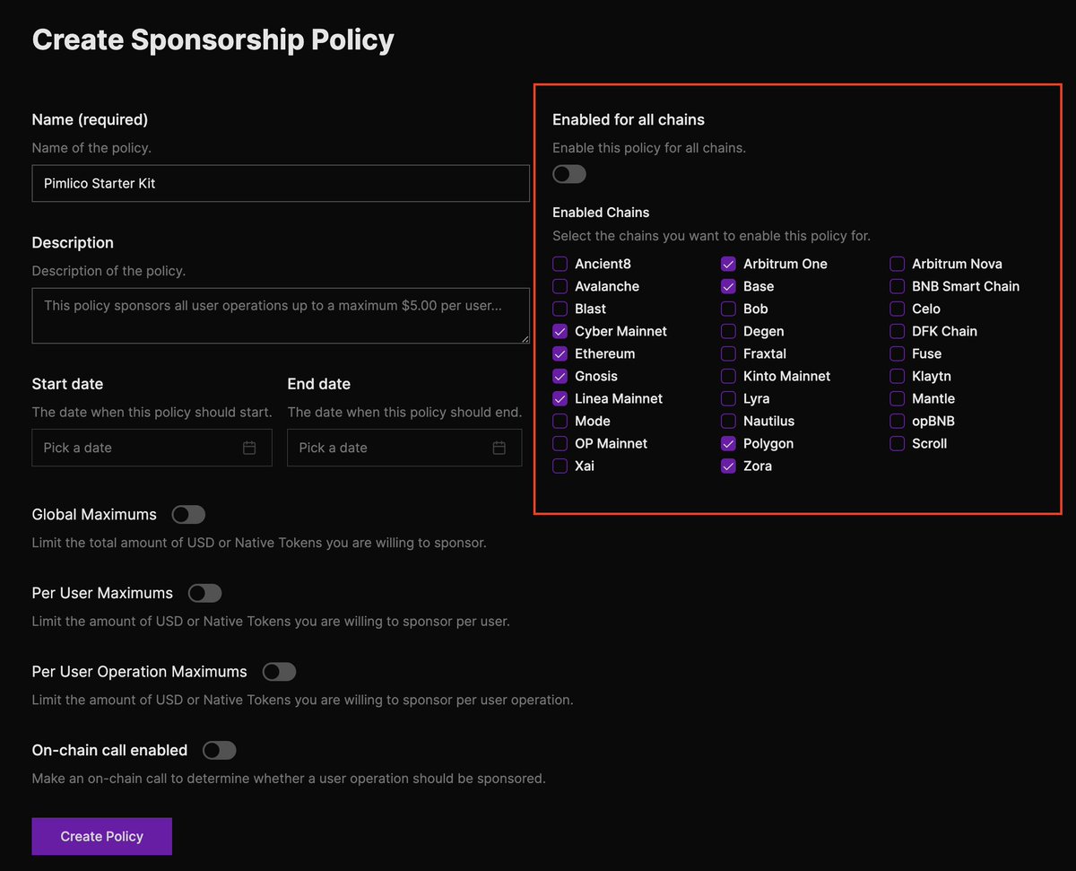 new feature you can now have @pimlicoHQ sponsorship policies be enabled for multiple chains at once! no more having to create a separate policy for every chain (we previously saw many such cases)