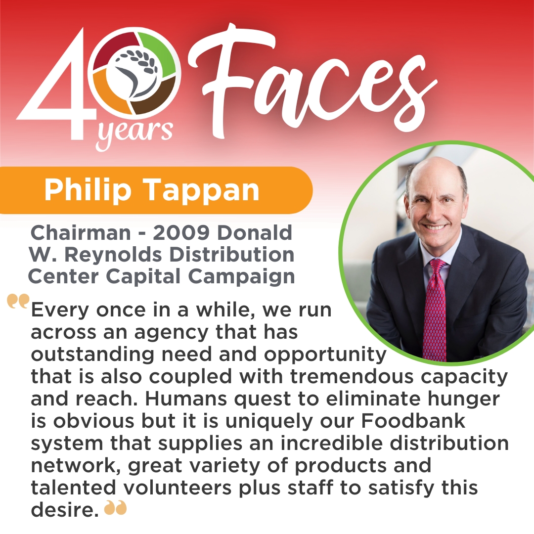Our next 40 Faces of the Arkansas Foodbank is Philip Tappan! Philip played a pivotal role as Chairman during Donald W. Reynolds Distribution Center Capital Campaign. Thank you, Philip, for your relentless efforts in the fight against hunger! #40Faces