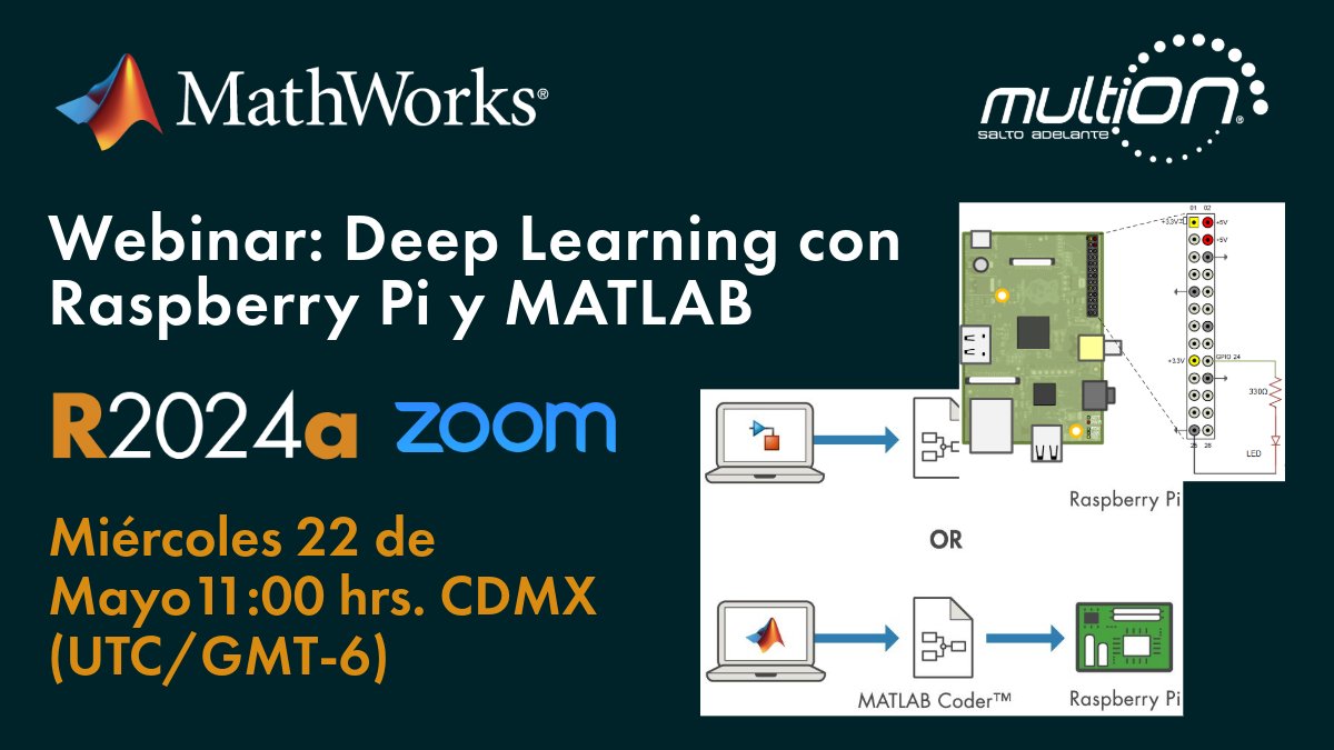 MATLAB_Mexico's tweet image. #Webinar #MATLAB: Deep Learning con Raspberry Pi. Mostraremos cómo implementar Deep Learning y realizaremos generación de código C ++ para Raspberry Pi. 22 de mayo, 11:00 hrs. (CDMX) Registro: ishort.ink/26rN
#DeepLearning #RaspberryPi #Simulink #DataAnalysis #IoT