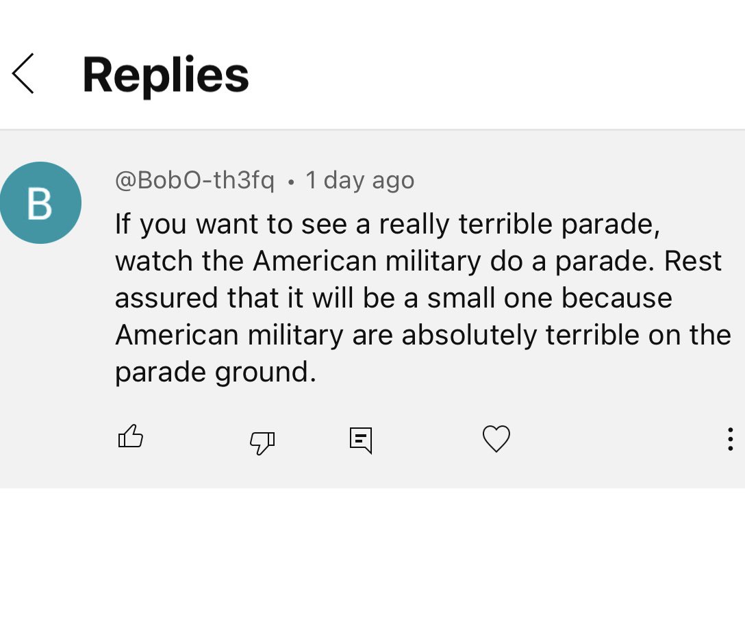 These cope comments from Russian bots just get weirder and weirder.

The United States doesn’t do military parades because everyone serving on active duty has a real job to perform.  Parades are a waste of time, manpower, and resources.